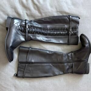 Gianni Bini Black Leather Knee High Boots Woven Detail Riding Style Size 8.5M